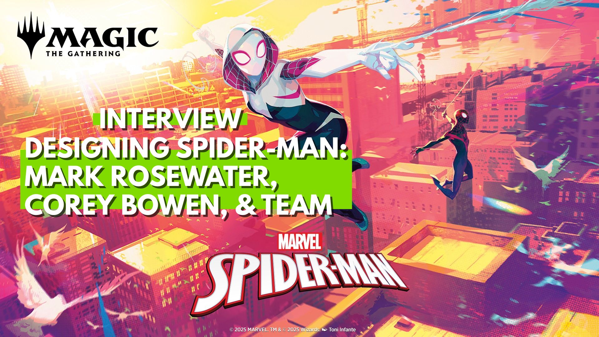 Ghost-Spider swinging in the middle of the frame with Miles Morales in the background.