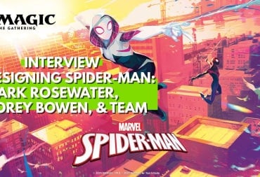 Ghost-Spider swinging in the middle of the frame with Miles Morales in the background.