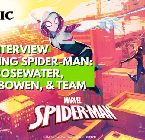 Ghost-Spider swinging in the middle of the frame with Miles Morales in the background.