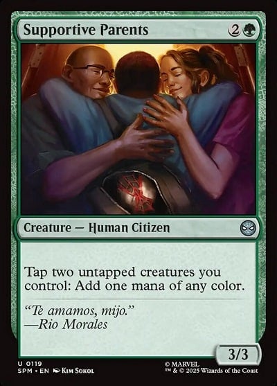 Supportive Parents Magic: The Gathering card with Miles Morales being hugged by his parents.