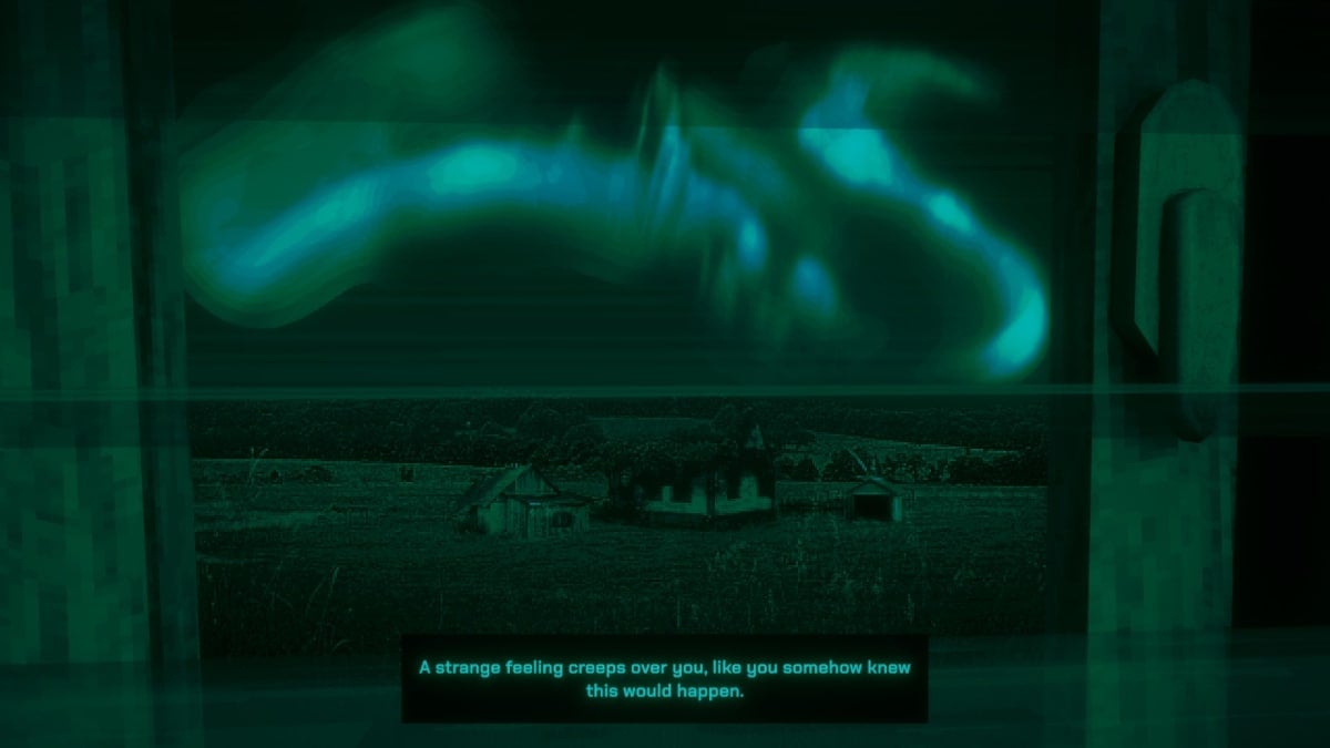 An in-game screenshot of No, I'm Not a Human, showcasing a burned house decaying in a field, with aurora borealis happening above it.