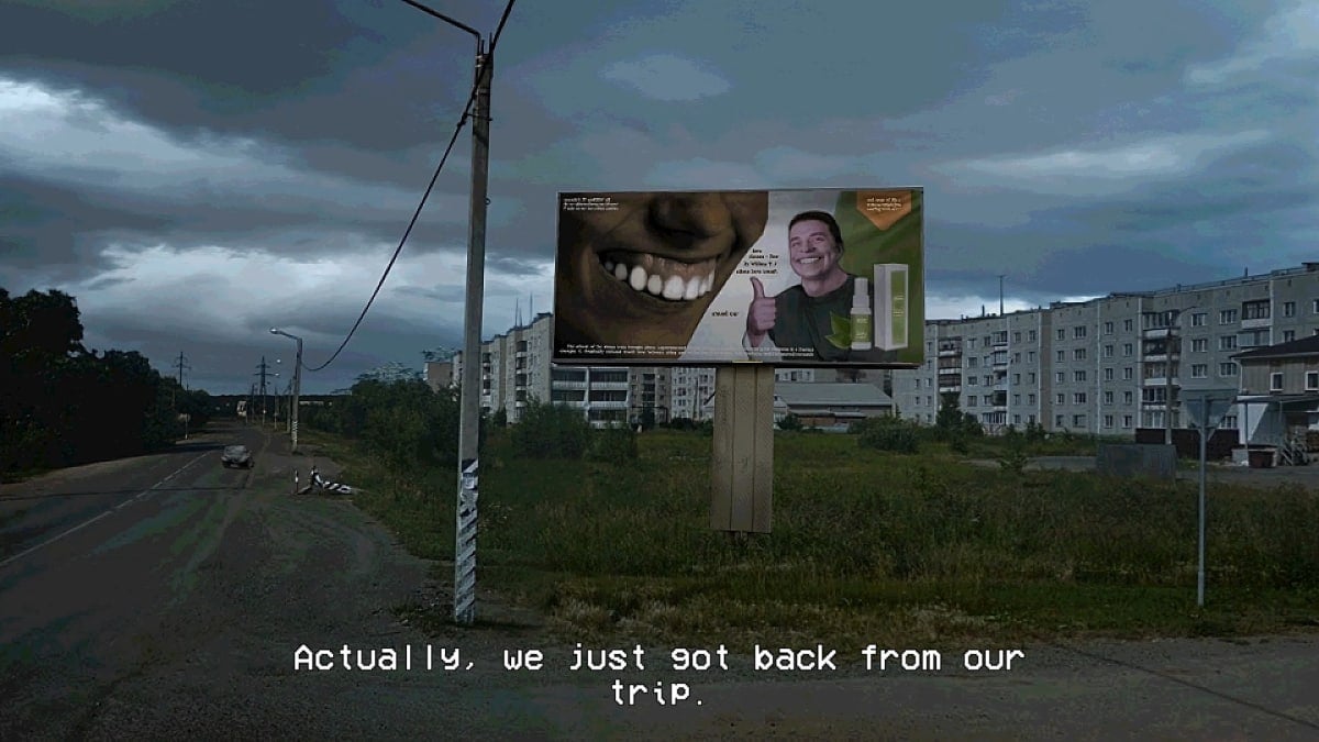 A cut-scene from No, I'm Not a Human, depicting a dissheveled neighborhood with a surreal billboard advert front-and-center.