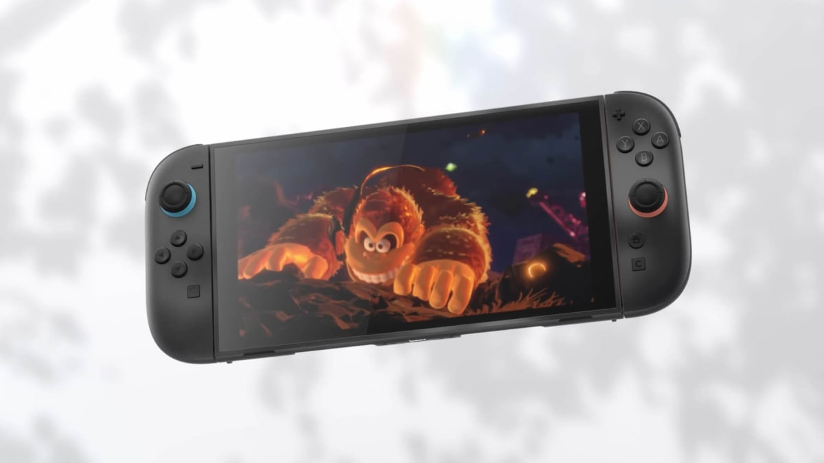 A Nintendo Switch 2 with Donkey Kong Bananza on the screen