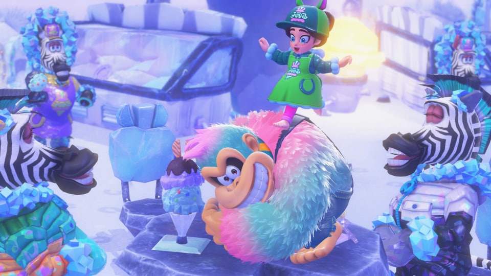 Donkey Kong with Pauline on his back in Donkey Kong Bananza, a Nintendo game