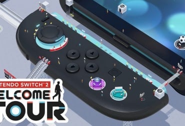 Small figures running around on a giant Nintendo Switch 2 with the Nintendo Switch 2 Welcome Tour logo in the bottom left.