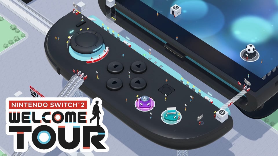 Small figures running around on a giant Nintendo Switch 2 with the Nintendo Switch 2 Welcome Tour logo in the bottom left.