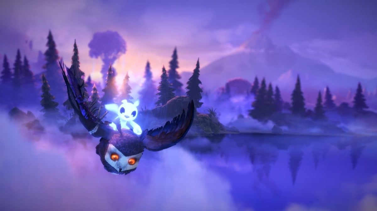 Ori riding an owl in Ori and the Will of the Wisps