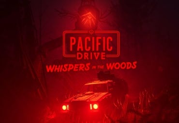 Key art for the Pacific Drive Whispers in the Woods expansion, which shows a car beneath a strange figure with a red filter