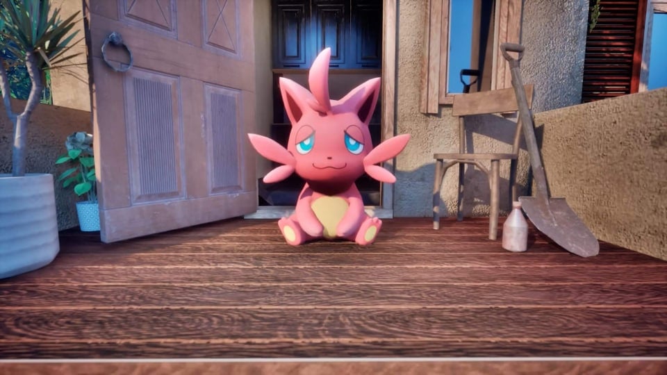 Cattiva looking at the camera in Palfarm, a Palworld spinoff