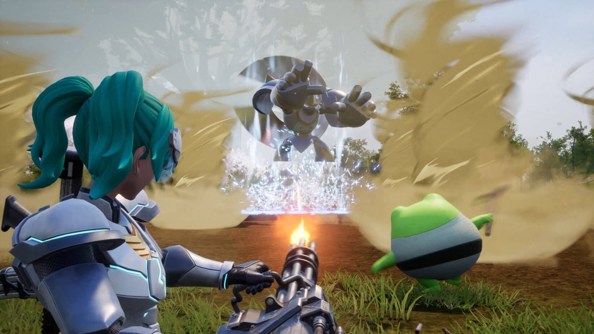 The player shooting a Pal with a gatling gun-style weapon in Palworld