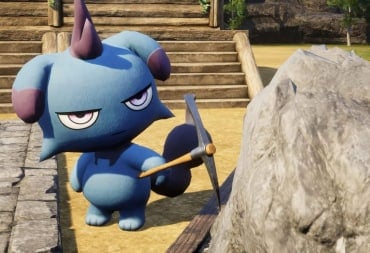A disgruntled-looking Pal hitting a rock with a pickaxe in the Palworld crossplay update