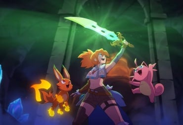 A still from the new Palworld Terraria update trailer, showing a character and her Pals with a green sword lifted in the air