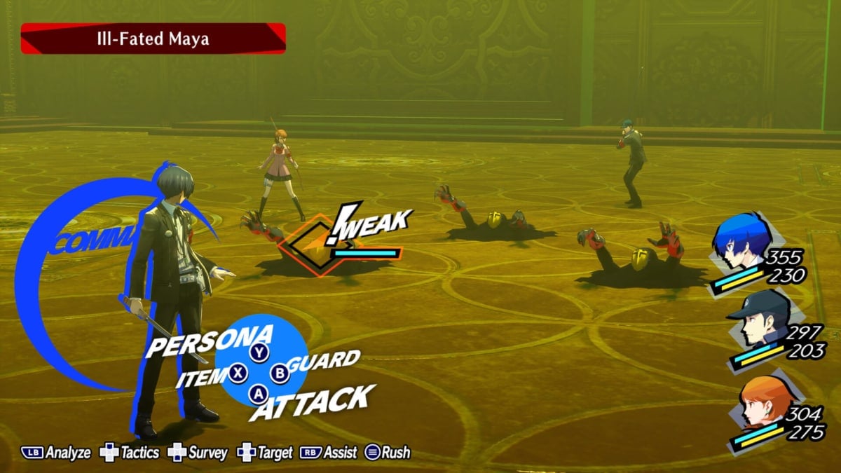 The protagonist, Junpei, and Yukari doing battle in Persona 3 Reload
