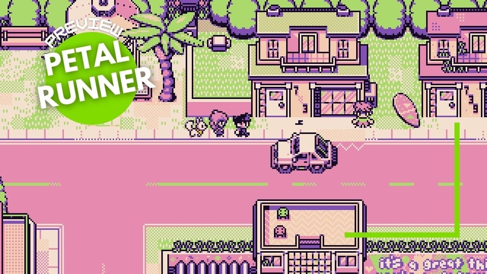 A pixelated town with a topdown view of a car driving on the street and people walking on the sidewalk.