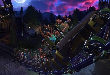 Park guests riding one of the new rides in the Planet Coaster 2 Sorcery Pack DLC