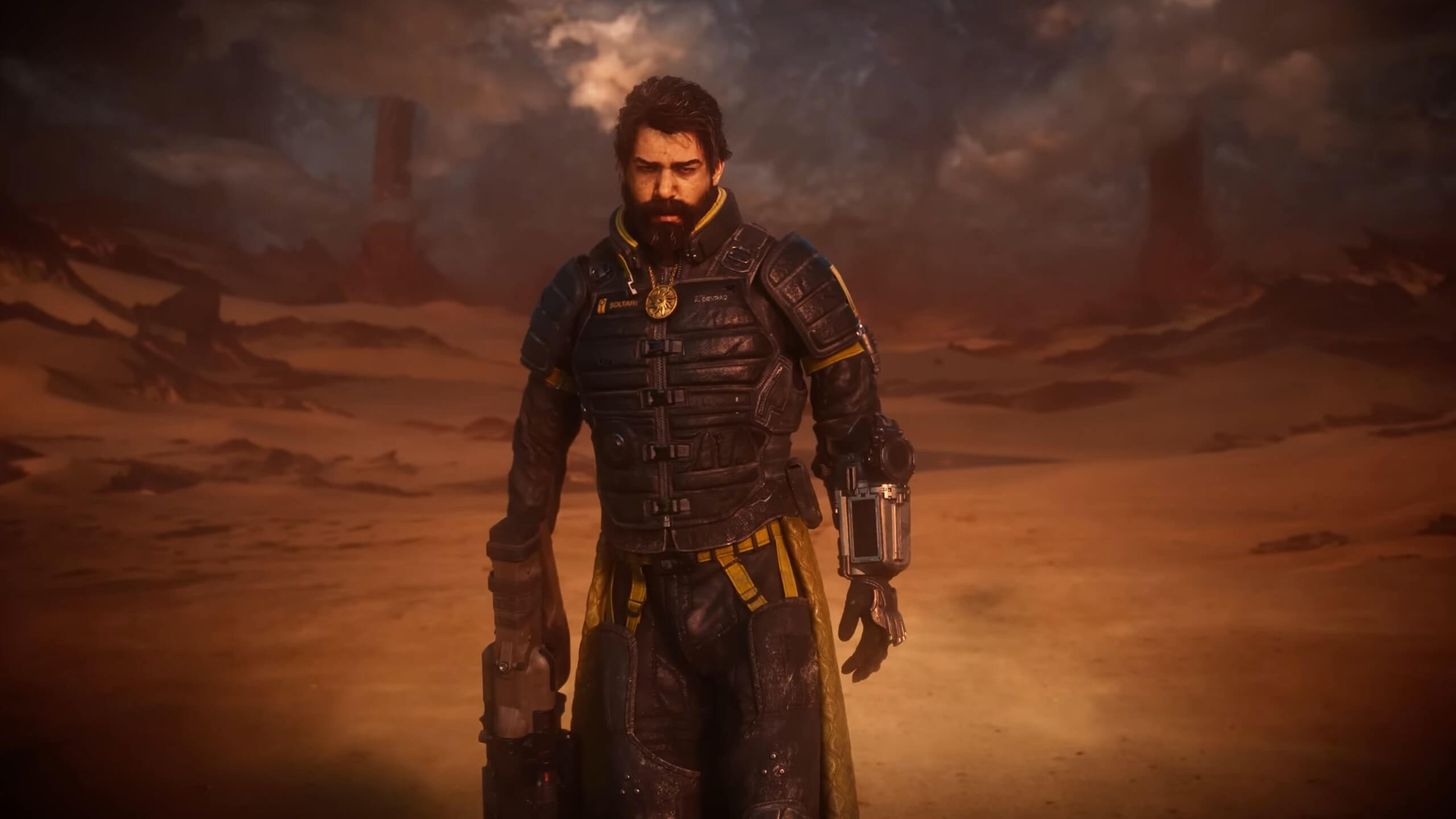 A mysterious-looking man with a gun in the Housemarque game Saros, which will be shown during tomorrow's PlayStation State of Play