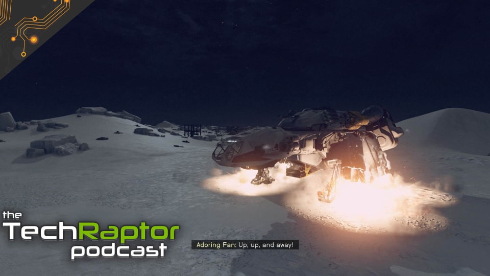 Image of a ship taking off in starfield with the adoring fan saying up up and away