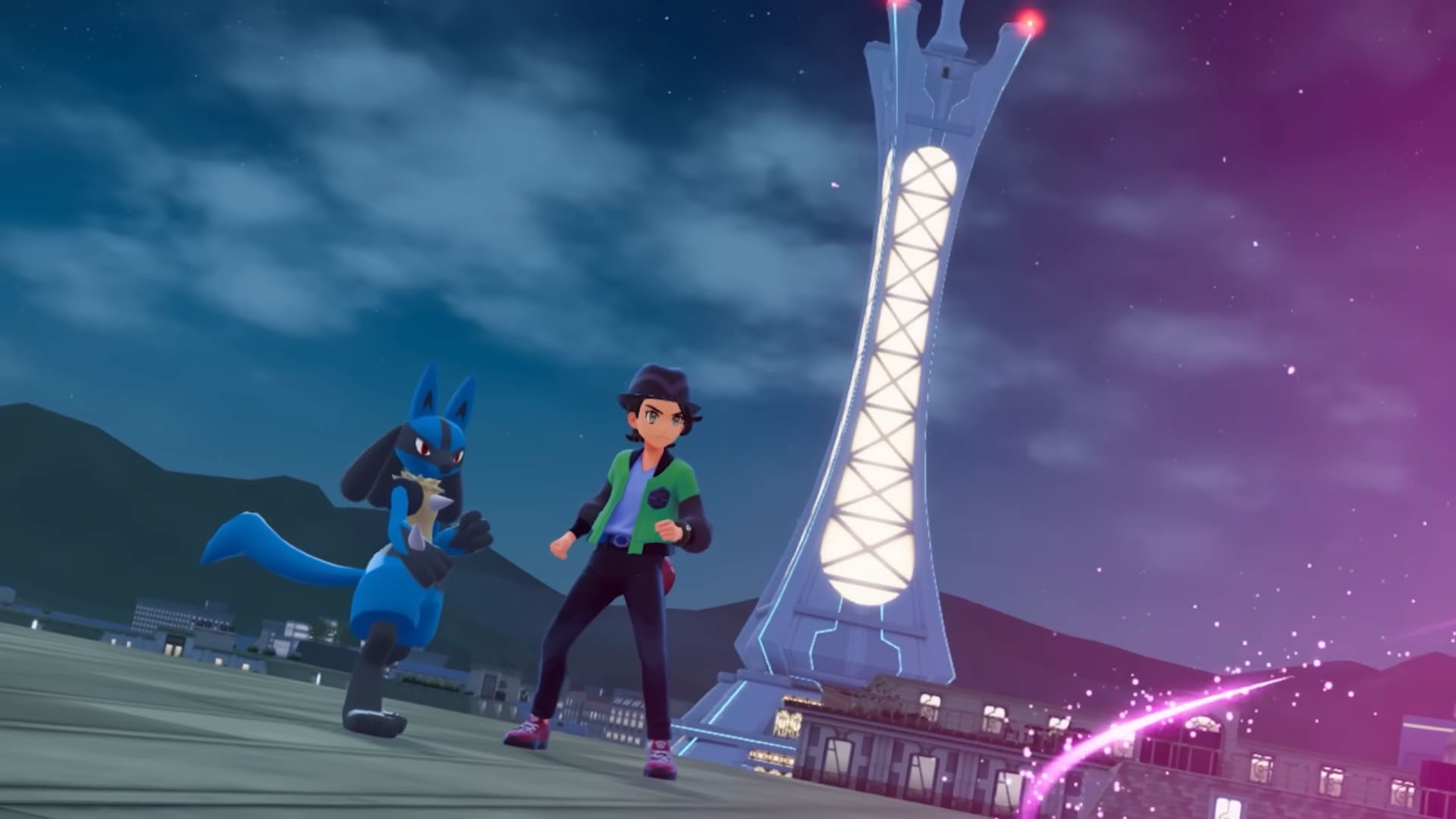 The trainer and Lucario prepare to fight a Mega Evolved Pokemon in Pokemon Legends: Z-A