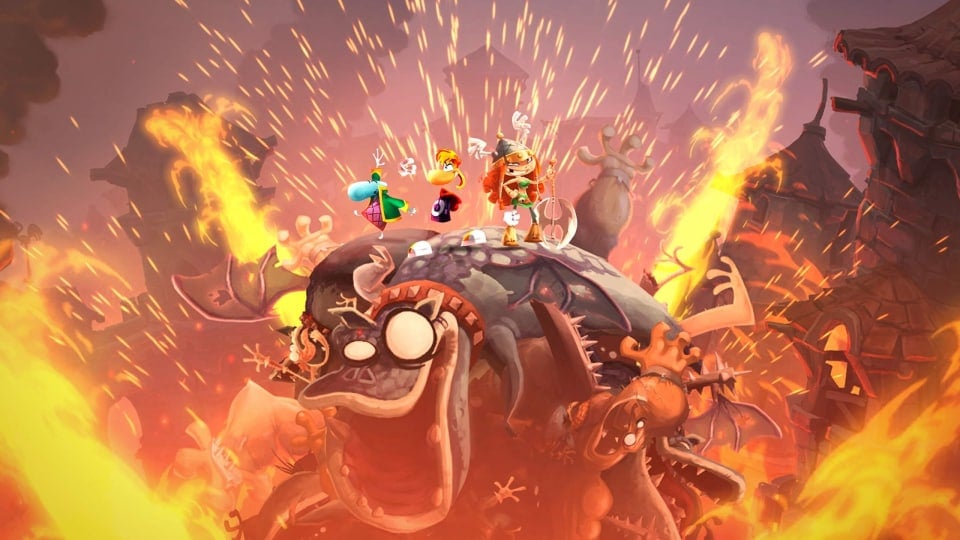 Rayman and two of his friends rocking out atop a huge winged enemy in Rayman Legends