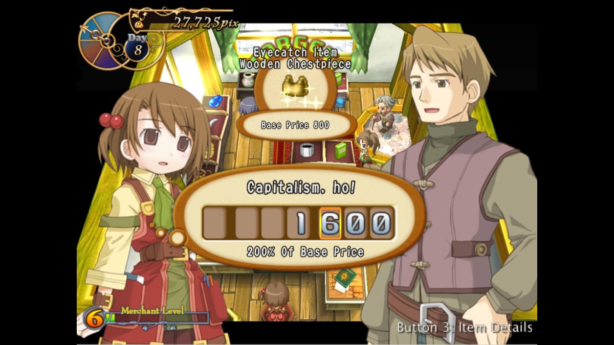 Recette bartering with a customer in Recettear, which Andrew Dice and Carpe Fulgur localized