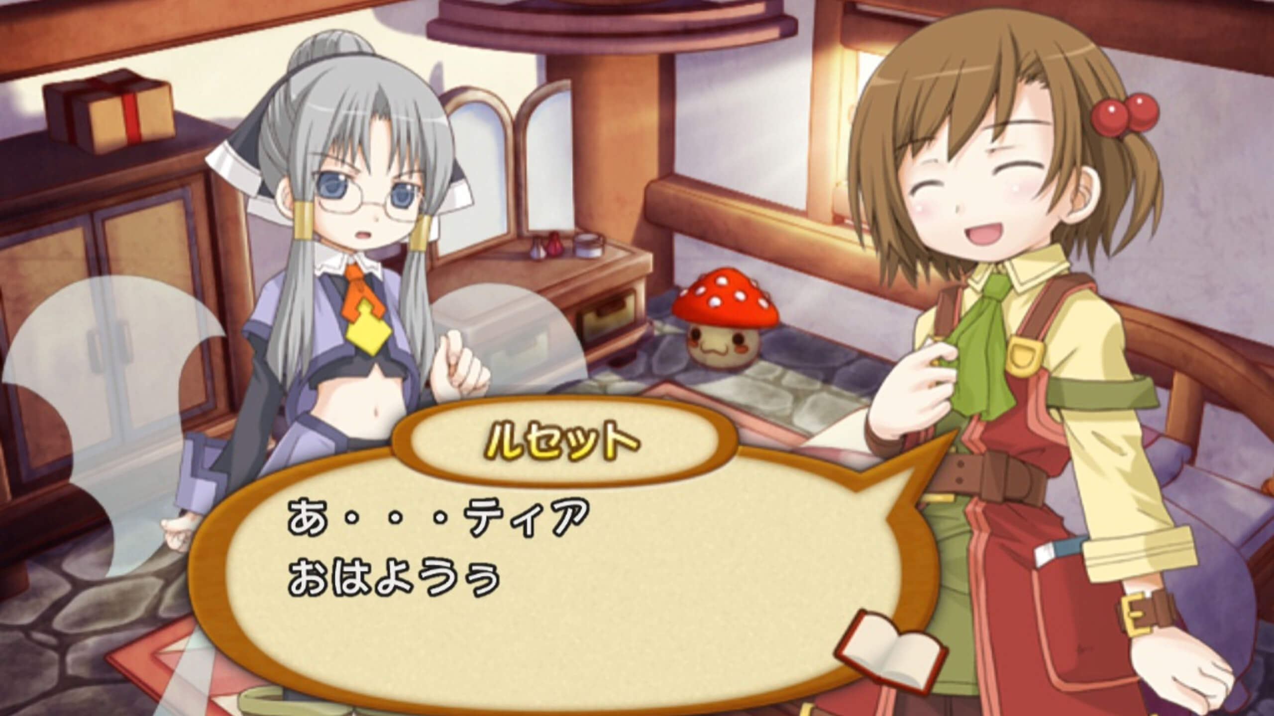 Recette talking to a silver-haired character in Recettear, which Andrew Dice and Carpe Fulgur localized