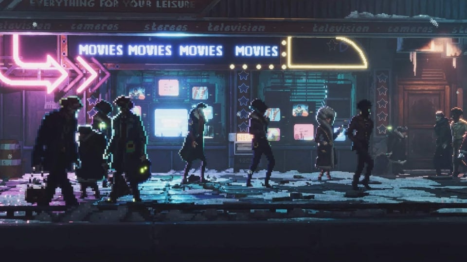 People walking past a neon sign advertising "MOVIES" in Replaced