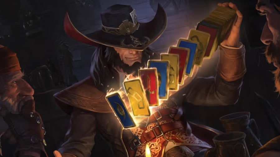 Promo artwork of a man in a pointed had shuffling a deck of glowing, multicolored cards.