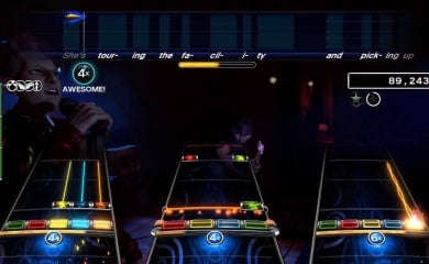 Players playing a song together in Rock Band 4