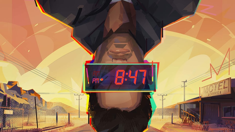 Key art for Rue Valley, which shows an upside-down man with a clock over his eyes