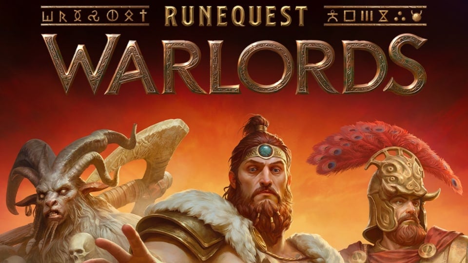 runequest warlords key art showing three humanoid figures glaring downwards