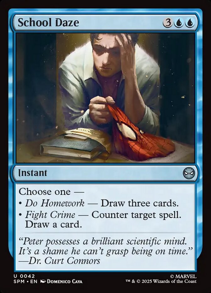 School Daze Magic: The Gathering card with Peter Parker sitting with his head in his hands, mask off.