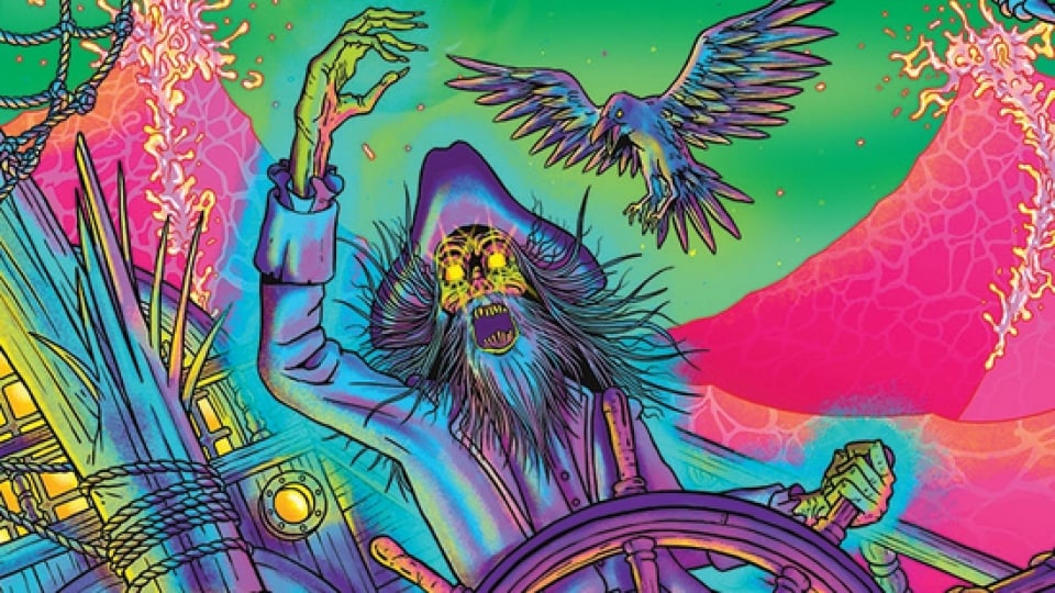 A psychedelic image of an undead pirate captain at the helm of a ship.