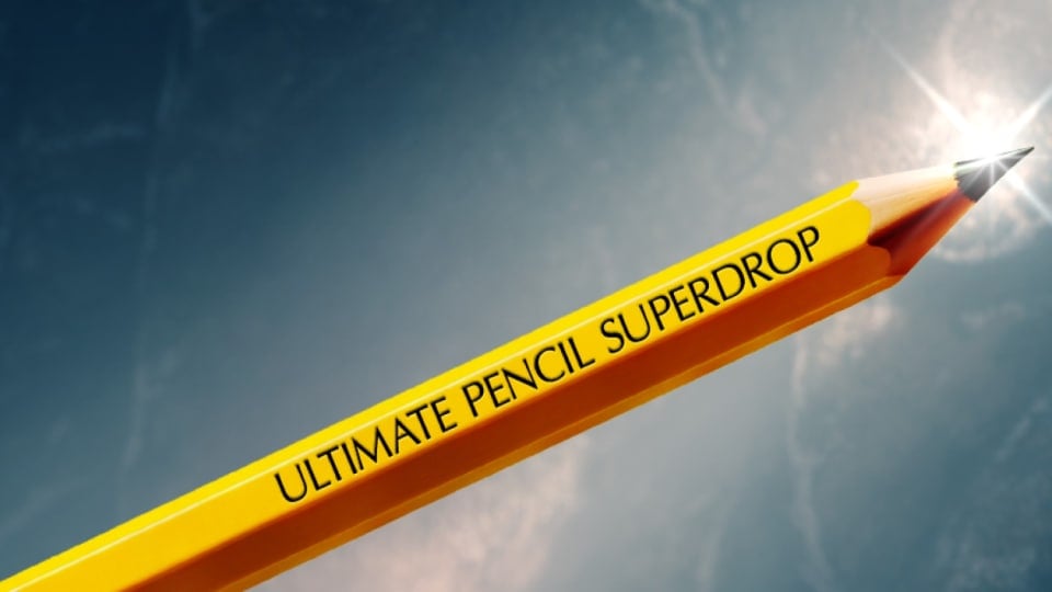 A yellow pencil with, "Ultimate Pencil Superdrop" written on the side in black text.