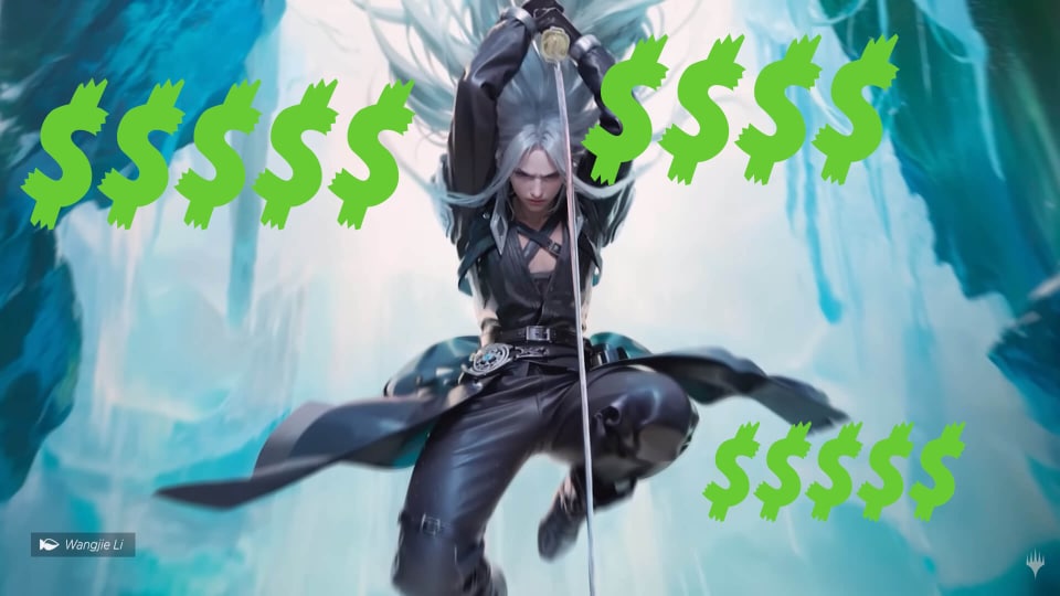 Sephiroth from MTG Final Fantasy with a bunch of money signs strawn about