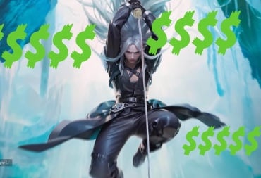 Sephiroth from MTG Final Fantasy with a bunch of money signs strawn about