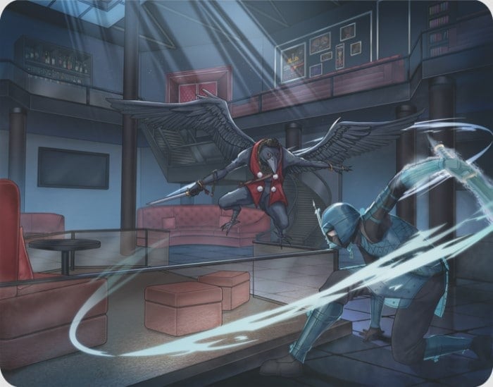 Artwork of a winged crow demon fighting a ninja with a kusari-gama in an abandoned museum.