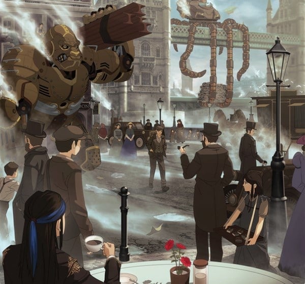 A snowy london street with steampunk robots walking alongside people in suits and dresses.