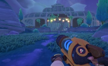 The Conservatory during the nighttime in Slime Rancher 2.