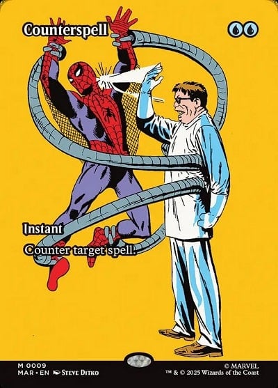 Counterspell Spider-Man Magic: The Gathering card showing a classic panel of Doc Ock slapping Spider-Man.