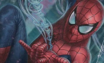 A close-up shot of Spider-Man facing the camera firing a strand of web.