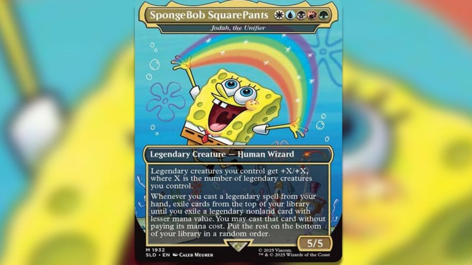A screenshot of a card featuring Spongebob Squarepants making a rainbow with his hands.