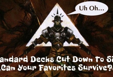 Cut Down card art saying Uh Oh and then the text Standard Decks Cut Down to Size, Can Your Favorite Survive? 