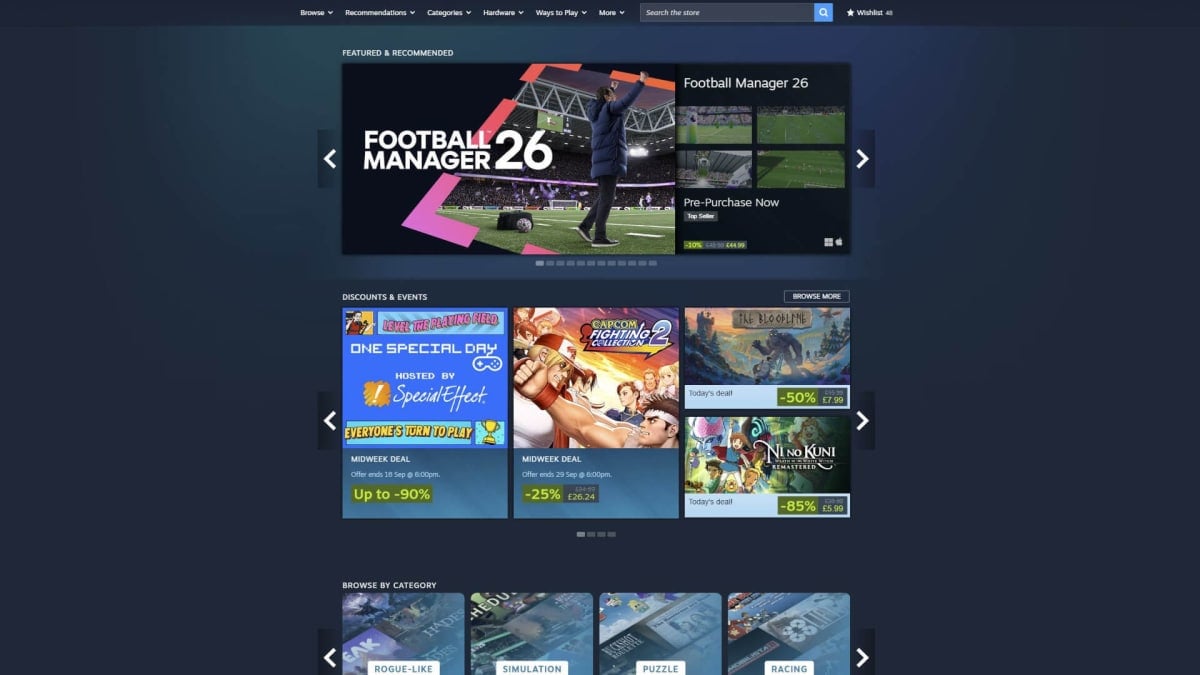The Steam storefront as of September 18th, 2025