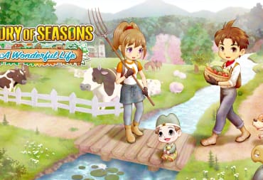 Two farmers and a young child in an idyllic rural setting in Story of Seasons: A Wonderful Life