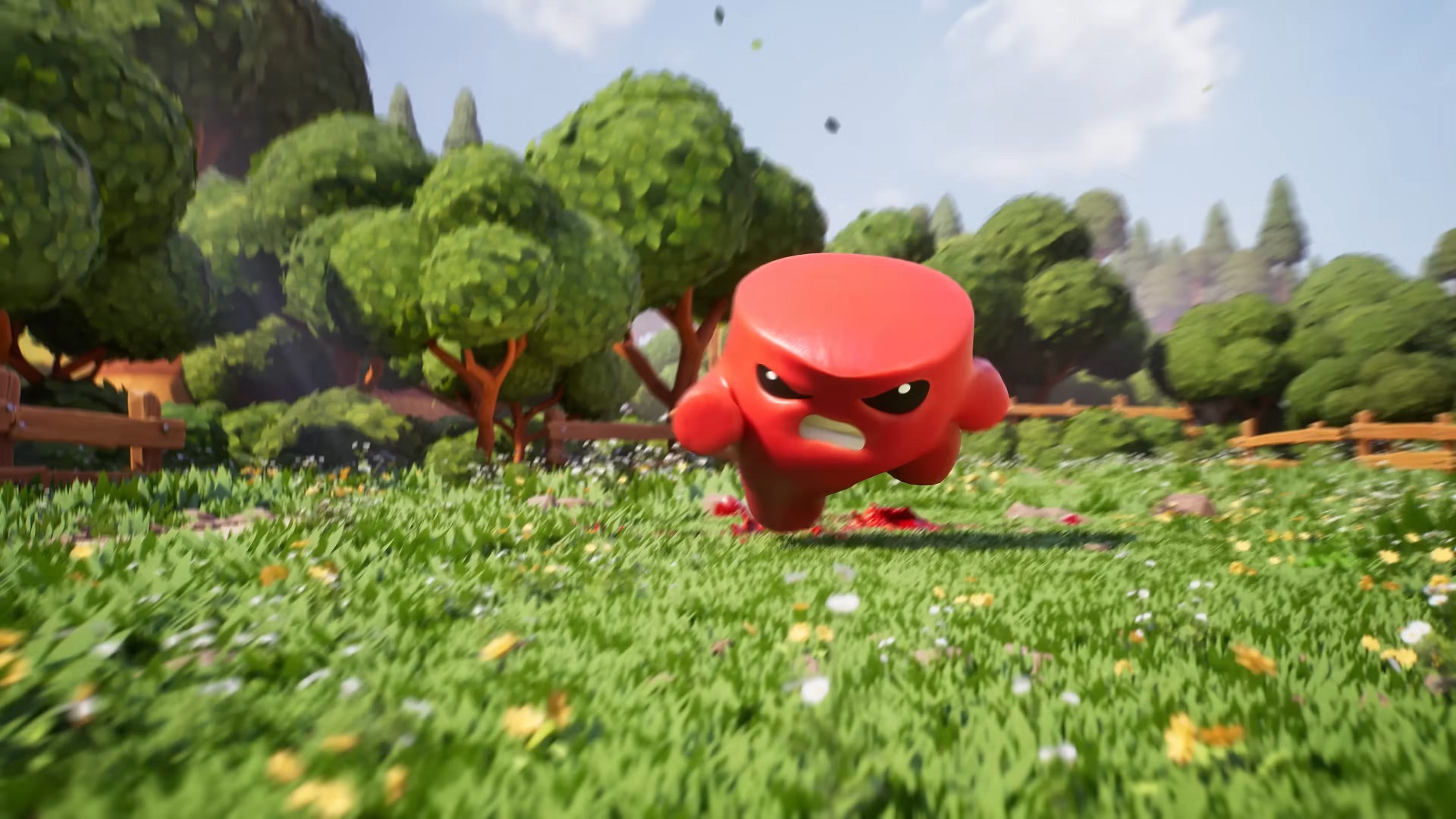 Meat Boy running in a field with a determined face.