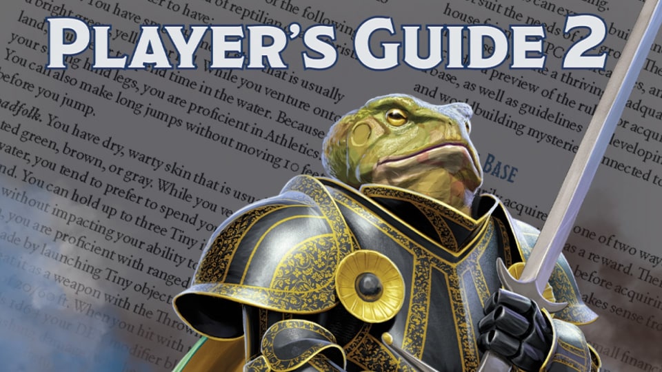 A frog man in armor wielding a sword in front of a backdrop of open book pages.