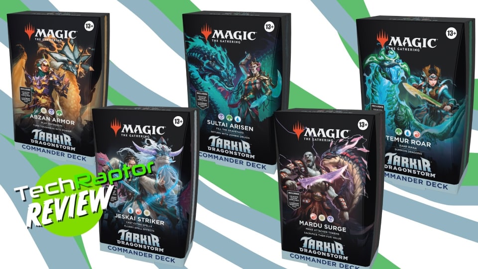Tarkir: Dragonstorm Commander Deck Review Header Image featuring all five commander decks