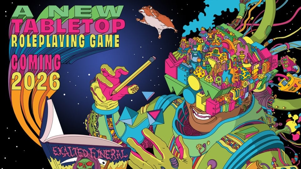 A psychedelic image of a man reading a book, the top half of his head shaped into the Meow Wolf logo peppered with colorful imagery.