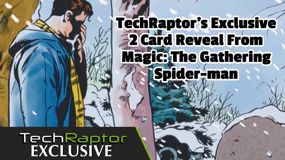 An image of Peter Parker standing at his uncle's grave with text saying this is our 2 card reveal for the MTG spider-man set