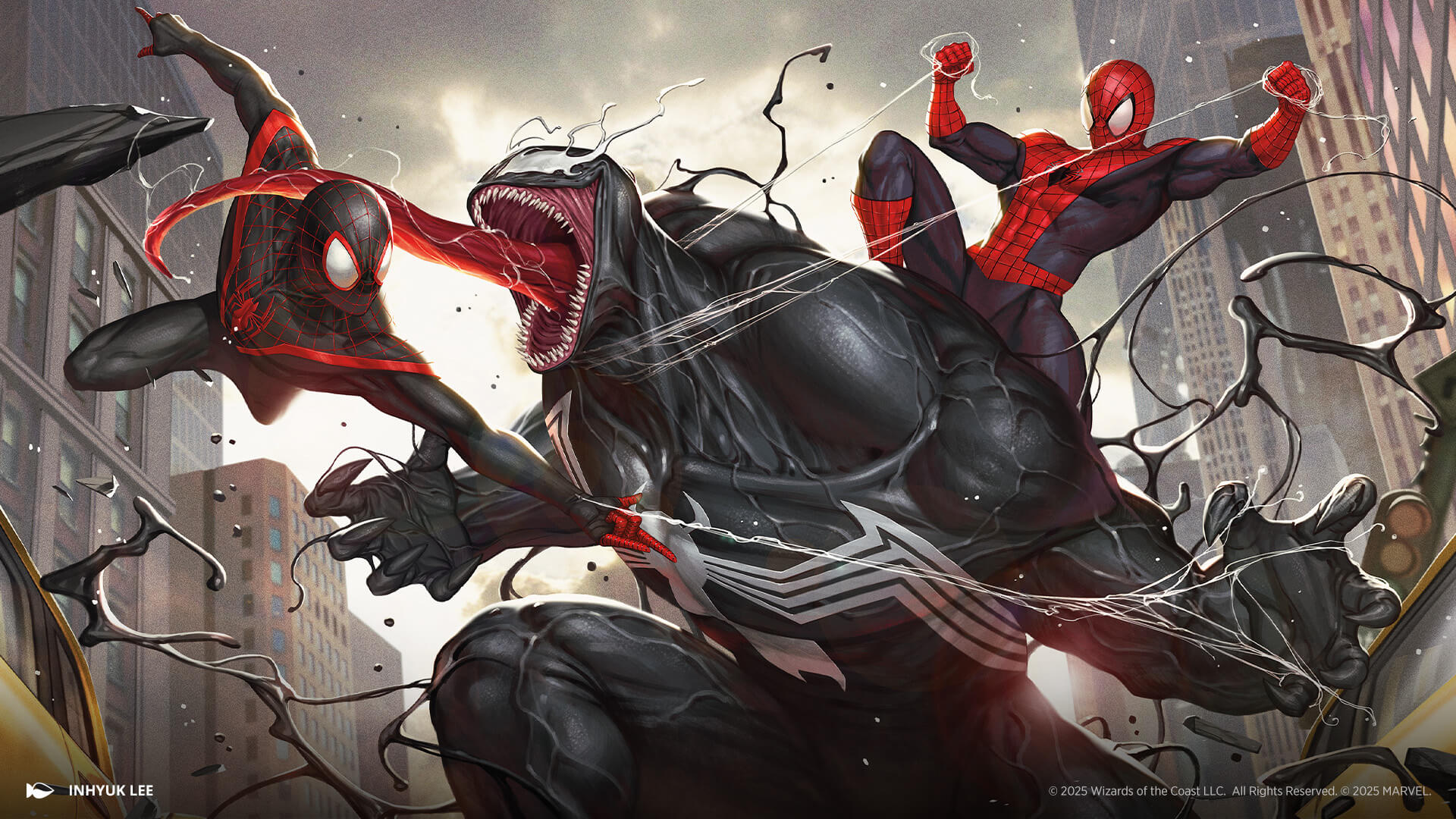 miles morales and peter parker fighting venom.